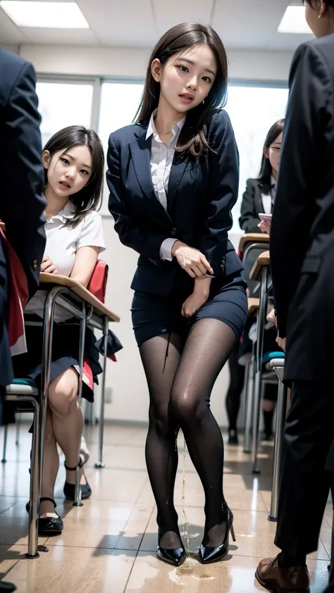  female teacher pees at the student's graduation ceremony  、Urinary incontinence、Leaking a lot of pee、Female teachers are Japanese elementary school teachers 々 looking at viewers with an arrogant expression  、from below、  staring at the viewers、  black sui...