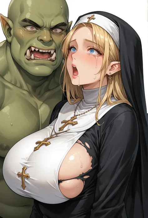 masterpiece, high definition, top quality,8k
(mature ELF,Curvy body,huge breasts)
(blonde hair,straight hair,parted bang,blue eyes,half closed eyes)
((nun))((Crying,Shocked face, opening wide,Lots of tears))(Burnt clothes,Torn clothes)(giant orc) group of ...