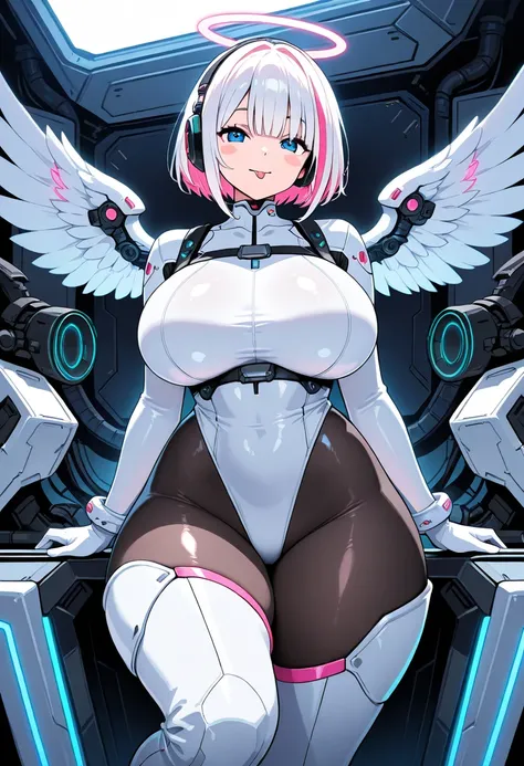 1girl, pink hair, white hair, two-toned hair, short hair, streaked hair, bangs, long bangs, blue eyes, huge breasts, wide hips, thick thighs, smile, light smile, headphones, bodysuit, white bodysuit, futuristic, tech, science-fiction, neon, neon trim, pant...