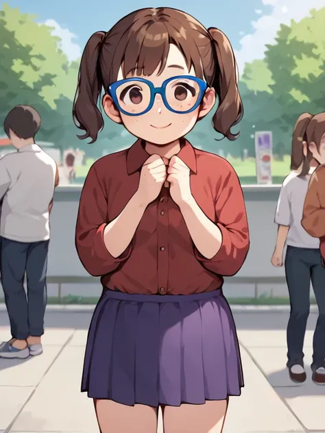  score_9,  score_8_up,  score_7_up, break, nsfw， uncensored， young girl， Low， Toddler type，Sow training， anime color,Madeleine , brown hair on both arms, twin tails, Glasses，blue framed glasses ,  purple skirt,  Long Sleeve,  outdoor, smile, shy,  freckles...