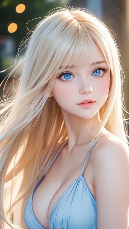  beautiful incredibly bright pale baby blue very light blue eyes、 Very big bright eyes 、Blonde hair dancing in strong winds interferes with her cute innocent young face、Sexy big boobs、 cute little beautiful face at age 16 、Shiny bright straight super long ...