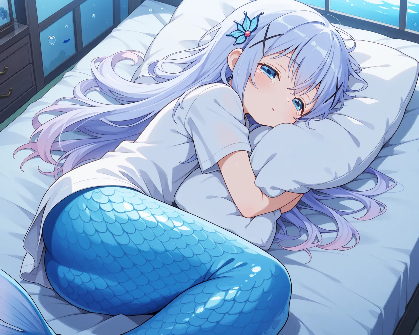 1girl, blue eyes, chino_kafu, periwinkle colored hair, tiny, cute, innocent, long hair, hair ornament, mermaid, light blue tail, no legs, bedroom, underwater, submerged, pajama, no skirt, sleepy, lay down, eyes half closed, hugging pillow, looking at viewe...