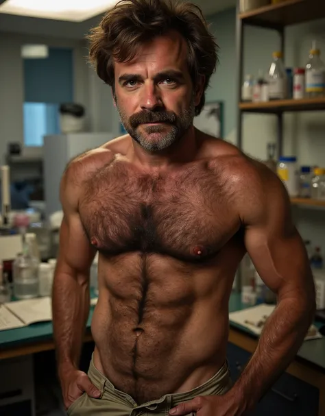 masterpiece, best quality, high resolution, closeup portrait, male focus, solo focus, a man, chemist, scientist, pretty shirtless, in unbuttoned laboratory clothes, wearing lab attire, looking italian, brown hair, lab coat, sweaty hairy guy in laboratory, ...