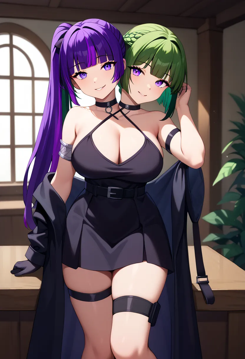 score_9_up, score_8_up, score_7_up,score_6_up, score_5_up, score_4_up, 1girl, solo, twoheads, 2heads, conjoined, ((2 different hairstyles)), ((SPLIT-COLOR HAIR)), ((purple hair)), ((dark green hair)), fern \(sousou no frieren\), large breasts, long hair, p...