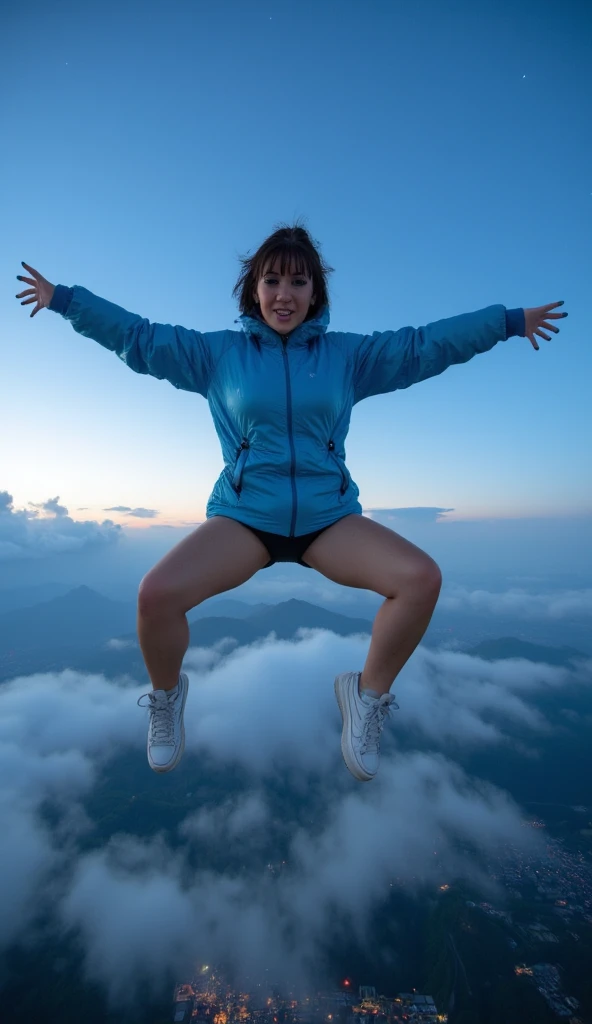 " A beautiful Korean woman is skydiving over a stunning landscape .  The sky is blue with the stars visible in the distance ,  while underneath is a thick cloud covering the mountains and the lights of the city are on.  The woman is wearing a thick light b...