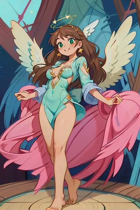 (masterpiece, best quality) cute anime angel girl, Brown long hair, delicate angel wings, barefoot, sexy smiling, sexy pose, coquette, beautiful long legs, mature girl, gorgeous body, pronounced very big breasts, standing, intricate details and sunlight et...