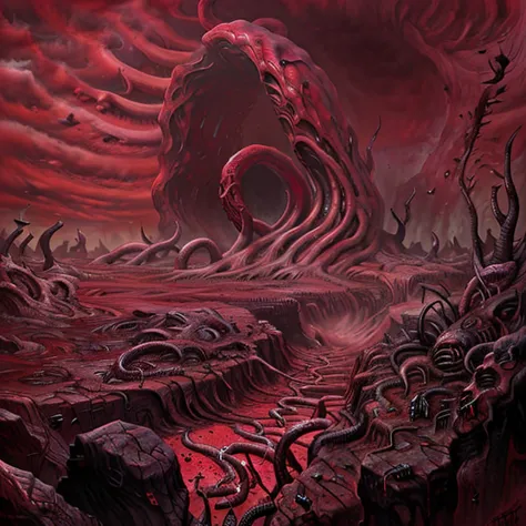   Malignant Landscape of Madness  .  Sketch colorful painting Tentacles rise from the abyss,   polluted rivers  , A graveyard of horror,   blood-red sky  ,   hyper detailed  , Unreal Engine,  Ultra HD . horror art.