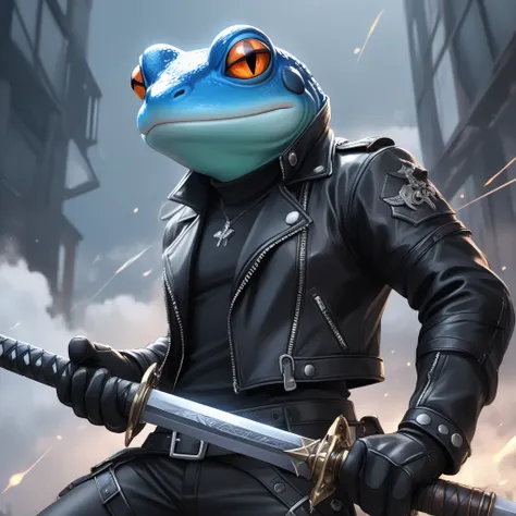 Closeup, an extremely badass anthropomorphic light blue and white bullfrog wearing an insanely cool black leather biker jacket open, black shirt, black leather biker gloves, black leather biker pants, giving it a cool, edgy appearance, holding a sword, Ani...