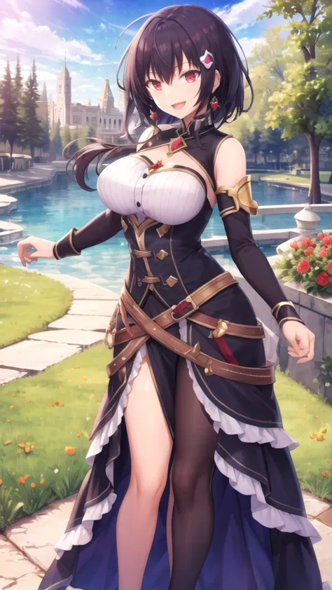 masterpiece, best quality, girl, solo, looking at viewer, anos_voldigoad, black hair, red eyes, large breasts, princess connect Re:Dive cosplay, princess Dress, standing, smile, open mouth, outdoors 