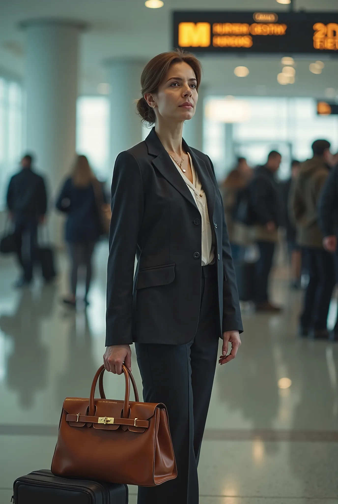 42 years old woman waiting for her 50 year husband in airport with her suitcase and hermea bag . Look totally lonely and elegant