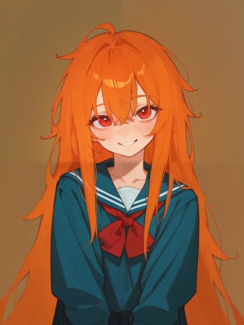 (best quality), best resolution, School, school class, 1girl, shy smile, fidgeting, orange hair, long hair, (messy hair:0.6), red eyes, detailed, 4k, 748cmstyle, artistic