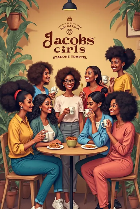 Generate a WhatsApp avatar picture with the name "JACOBS girls". Use 7 girls, jacobs coffee