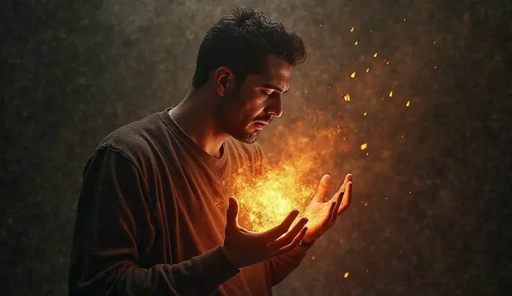 Man praying invaded in profile with his hands raised and inside him fire comes out of his heart , with the dark background  