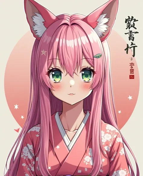  A woman,  with pink hair, long hair,  straight hair, green eyes, fox ears kimono on top of the head, wearing a pink kimono ,  Japanese anime .