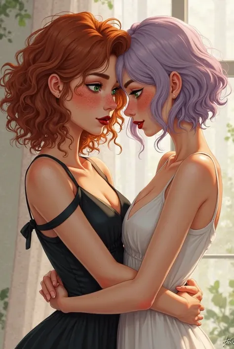 a woman with curly and copper hair, amber eyes, freckles and wearing black dress, burgundy lipstick hugging with a woman with wavy, short and lilac hair, green eyes, freckles and wearing white dress