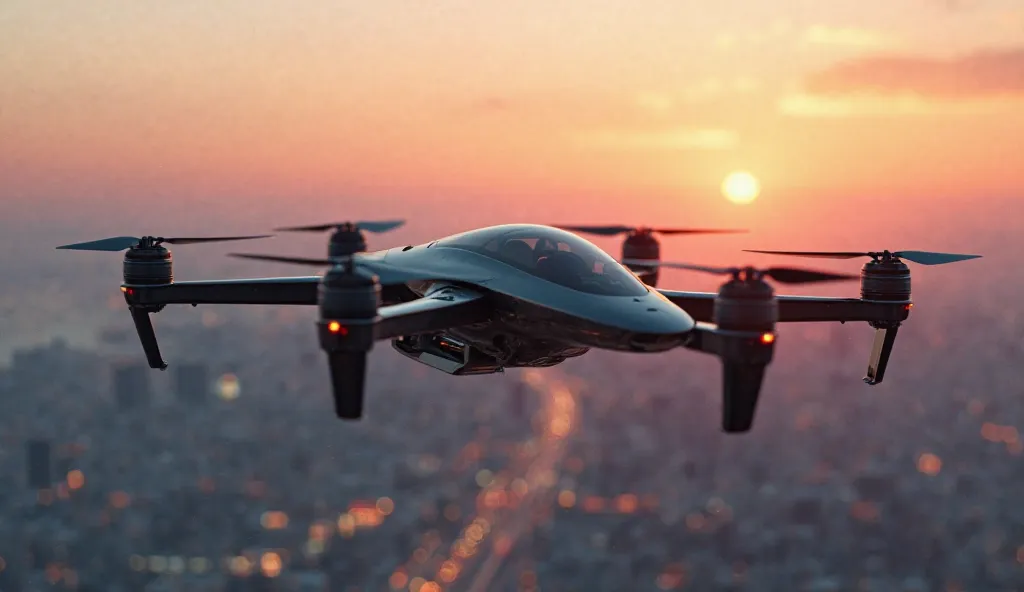 "A futuristic electric VTOL aircraft, the Lift Hexa drone, hovering mid-air against a breathtaking sunset skyline. The drone has 18 propellers mounted on 6 sleek arms, a lightweight carbon fiber frame, and an aerodynamic cockpit with a transparent canopy. ...