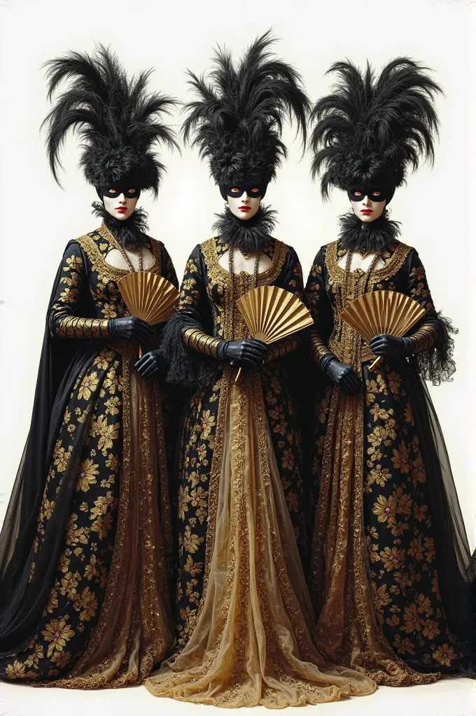 Image is a detailed painting featuring three figures dressed in elaborate, historical Venetian masquerade costumes. Each figure wears a long, flowing gown with intricate gold and black brocade patterns. The gowns are complemented by voluminous capes draped...