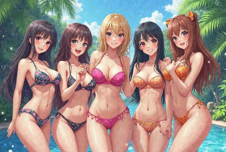  anime　 5 Women 　 sexy　 big breasts　smile　 swimsuit　 style