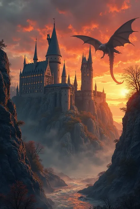 A dark fantasy watercolor of Hogwarts Castle set against a fiery, dramatic sunset. Jagged cliffs cast shadows as molten gold and deep crimson bleed into the storm-laden sky. A massive dragon, its obsidian scales catching the dying light. Its wings spread, ...