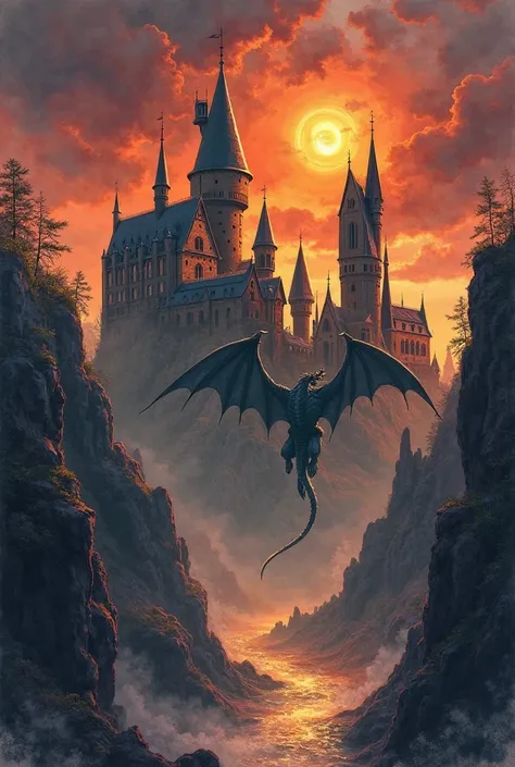 A dark fantasy watercolor of Hogwarts Castle set against a fiery, dramatic sunset. Jagged cliffs cast shadows as molten gold and deep crimson bleed into the storm-laden sky. A massive dragon, its obsidian scales catching the dying light. Its wings spread, ...