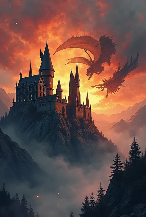 A dark fantasy watercolor of Hogwarts Castle set against a fiery, dramatic sunset. Jagged cliffs cast shadows as molten gold and deep crimson bleed into the storm-laden sky. A massive dragon, its obsidian scales catching the dying light. Its wings spread, ...