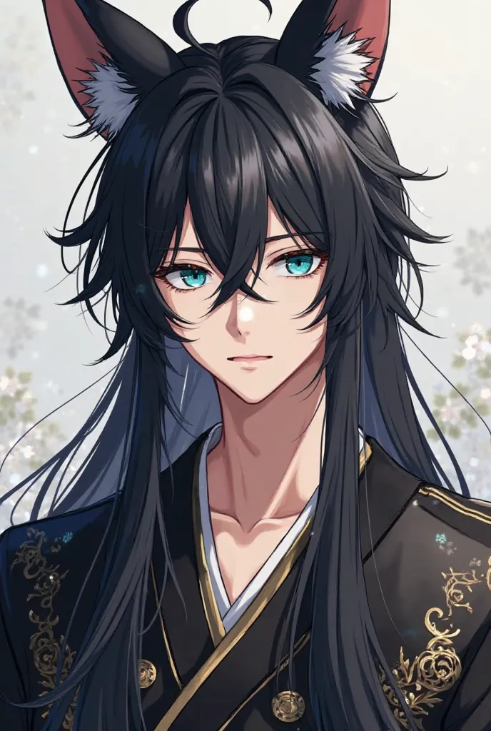 An adult male anime,  with black hair, long hair,  straight hair, beautiful,  blue eyes, fox ears kimono on top of the head, wearing a black kimono with gold details.
