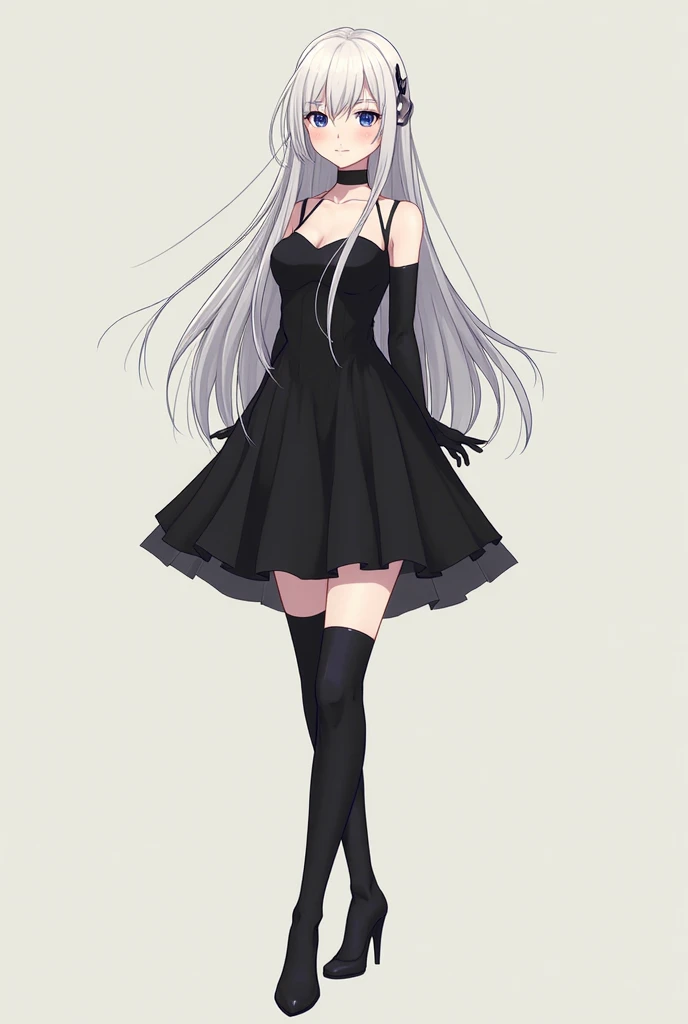 Anime girl with white hair and long hair, black short dress, glove long and black, black long boots, and the girl's face should be calm without emotional and feminine 