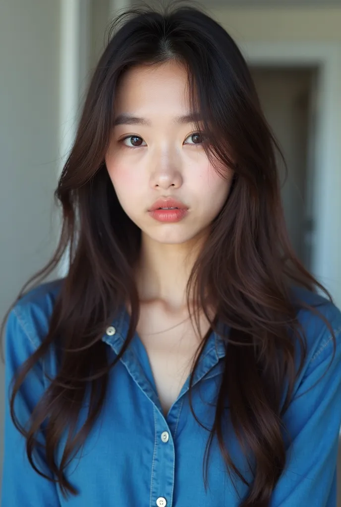 there is a woman with long hair and a blue shirt, a picture inspired by Yi Insang, tumblr, tachisme, with very thin lips, pouting, 18 years old, selfie photo, with accurate face, asian face, south east asian with round face, cute pout, with round face, bor...