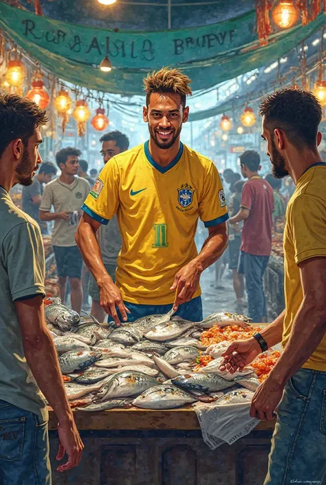 Neymar Jr. is selling fish at the market wearing a jersey 