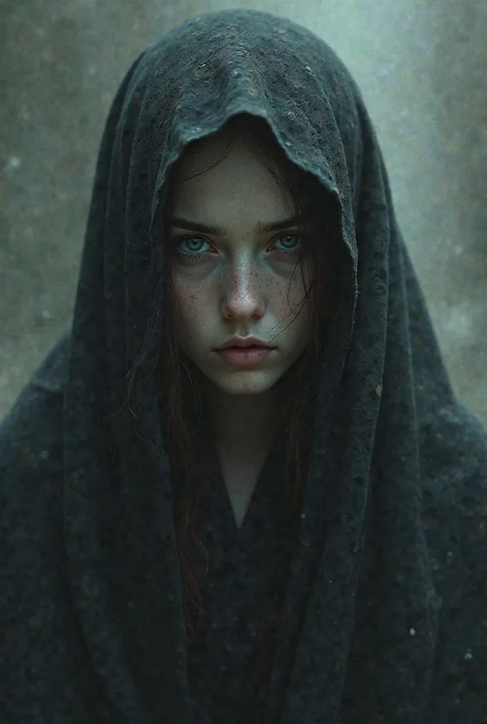 She has a long veil covering most of her face, but her expressive eyes peek out, filled with fear. Uitra realistic image 