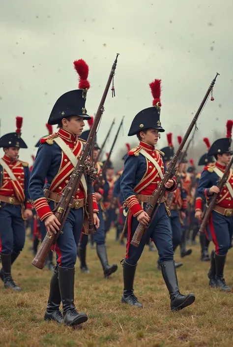 Boys aged 16-17 marching in orderly ranks. While marching, a cannonball hits and kills 8 soldiers. Dressed in Napoleonic French uniforms and armed with period weapons. Take a picture in landscape orientation.