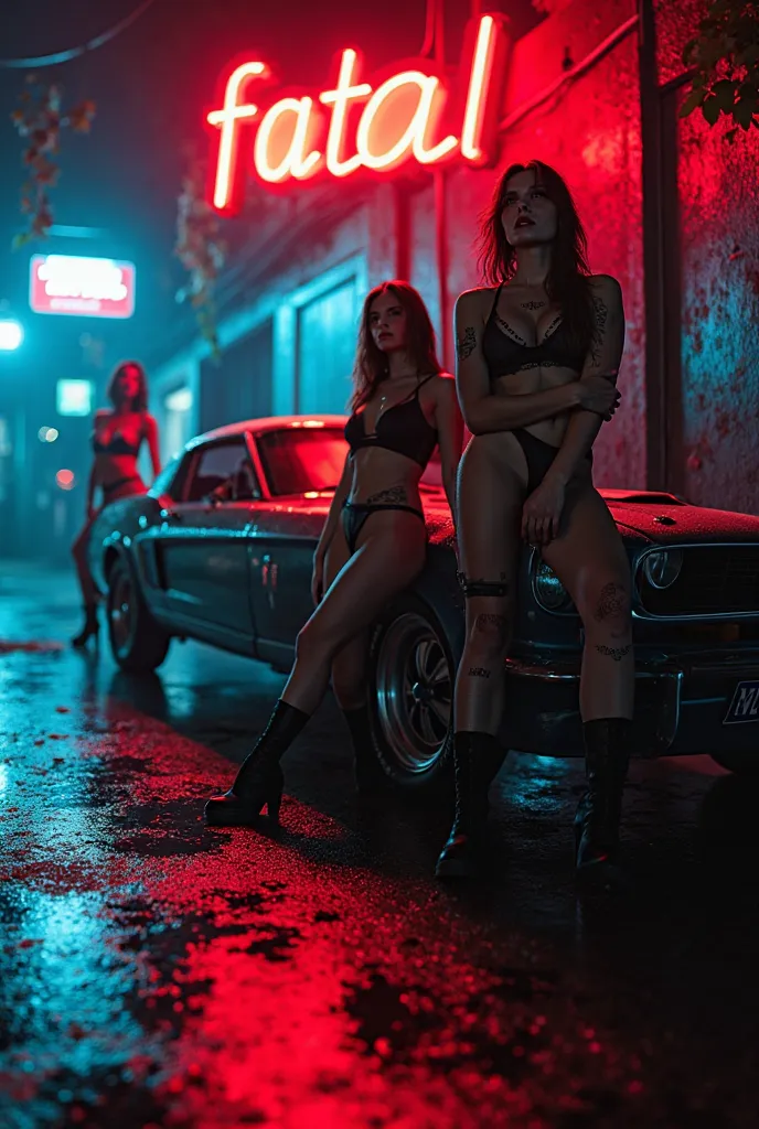 Album cover "fatal"

scenario:
A dark and rainy street in a neon city, noir style, with luminous plates flashing in shades of red and blue. The wet floor reflects the vibrant lights, creating a dramatic and sensual effect.

 members :
The members of the gr...