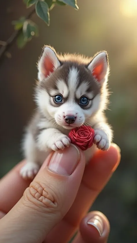 "Create an ultra-realistic image of an impossibly tiny baby Siberian Husky puppy, small enough to sit adorably on the tip of a human finger, appearing as though it could fit within the petals of a rose. The puppy should have soft, white fur and blue eyes t...