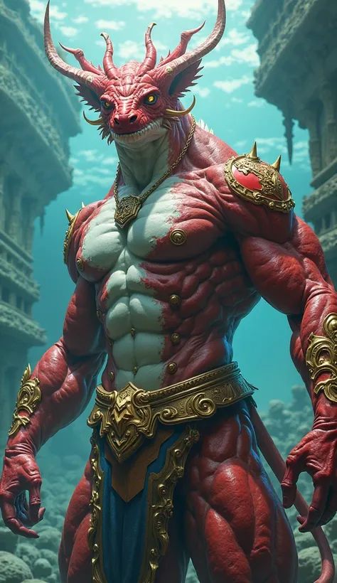   him: warrior, humanoid monster red&white Sphyrnidae,  belt with of gold,torso with gold,intense eyes, atletico,pose, bright background in sea ruins, ((very precise and detailed)) ((High resolution)