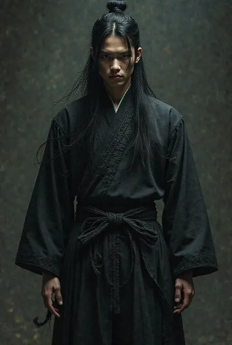 Make a guy Submissive with long black hair and a traditional Chinese martial arts combat suit,Let it be half Gothic,and thin