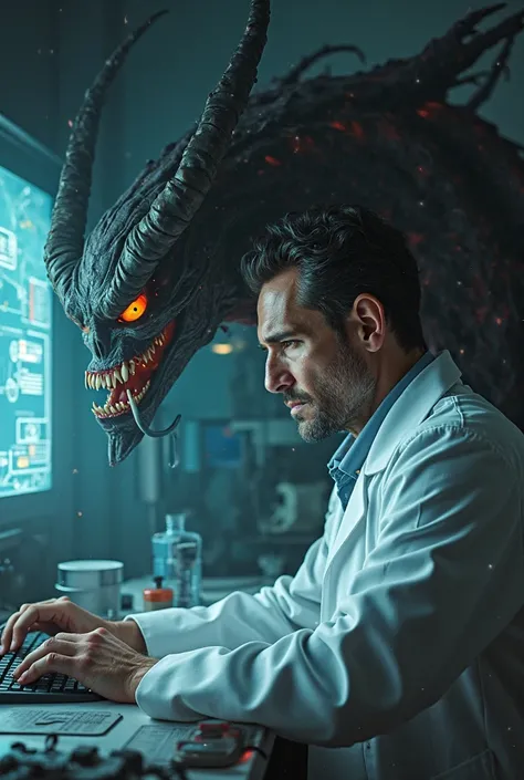 A scientist in space with a demon whispering in his ear