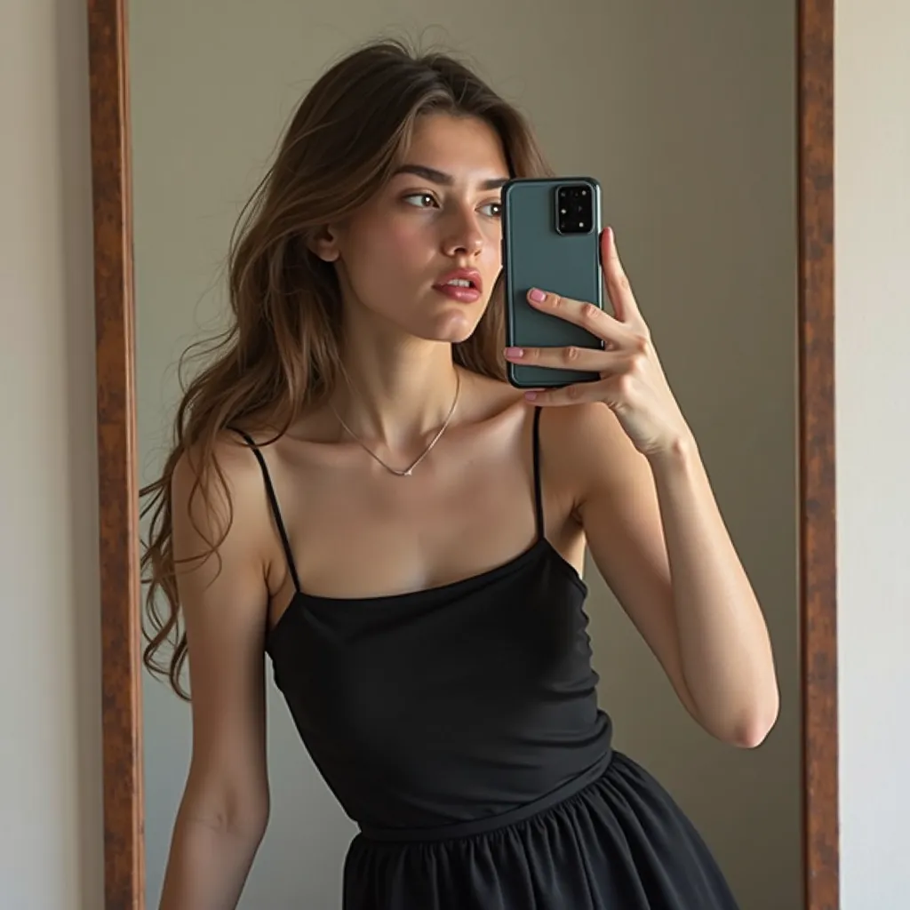 A seventeen year old Greek girl with brunette hair posing in a mirror picture while taking the picture with her samsung galaxy a34 phone which hides all her face while looking at the screen, wearing a black simple dress which is till her hips, she was a li...