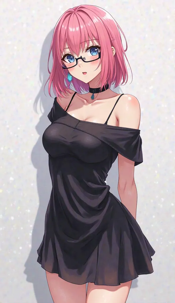 1 girl [appearance= "low, pink hair", "height: 165 cm", " curvaceous"] [Clothes= " black choker", "black dress", "blue earrings", " black glasses"] ( full body plane) 4K anime illustration,  Precise,  super detailed ,  tall details , High resolution,  High...