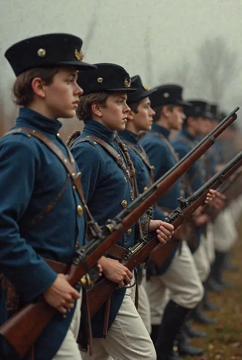 Boys aged 16-17 marching in battle in an orderly, close line battle.Dressed in Napoleonic French ry uniforms, equipped with 1777M muskets. Do not be a central mechanic of the picture!