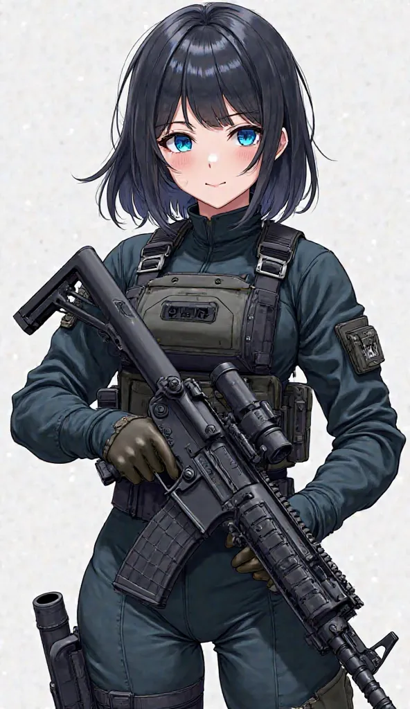 1 girl [appearance= “medium-length jet black hair”, “royal blue eyes”, “muscular and tall build”, “strong appearance”, “adult woman”] [Clothes= “military tactical suit”, “assault rifle”] ( full body plane) 4K anime illustration,  Precise,  super detailed ,...