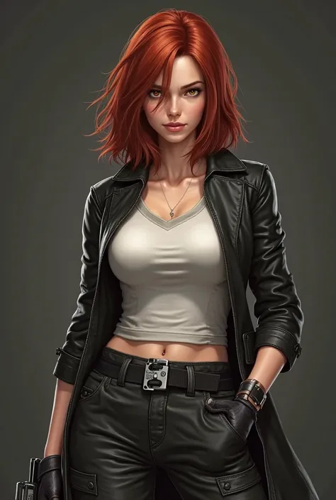 Resident evil video game  style girl, redhead, face with a nostril on the left side, a white short-sleeved blouse, black cargo pants, and a leather coat, shoulder-length hair, brown eyes and a pistol in her Pocket 