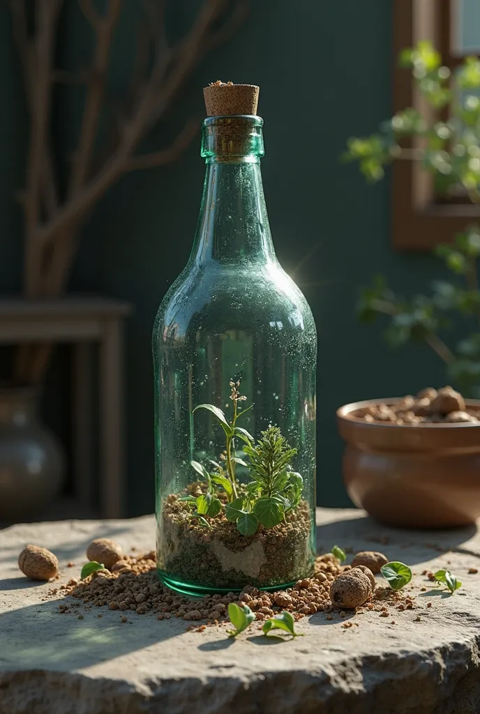 antique glass bottle,  rustic and simple , painted in oil . On a stone or granite table.  Dark Mode-style atmosphere.