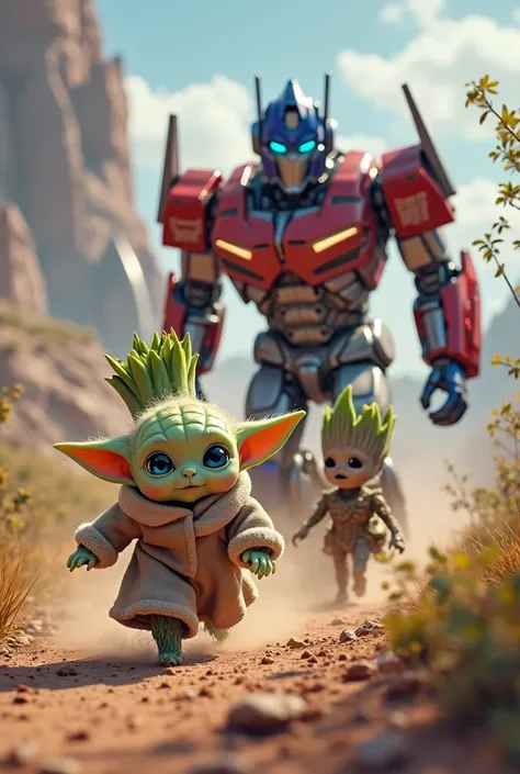 Baby Yoda and Baby Groot run away from Optimus Prime together