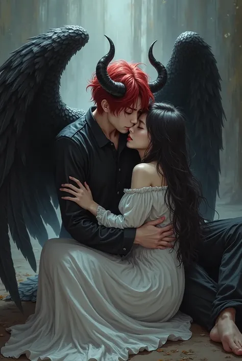 Korean man around 24 with red hair and black wings black horns sit on the floor and hugging angel girl with dark hair long wavy, she is crying she is sitting on his