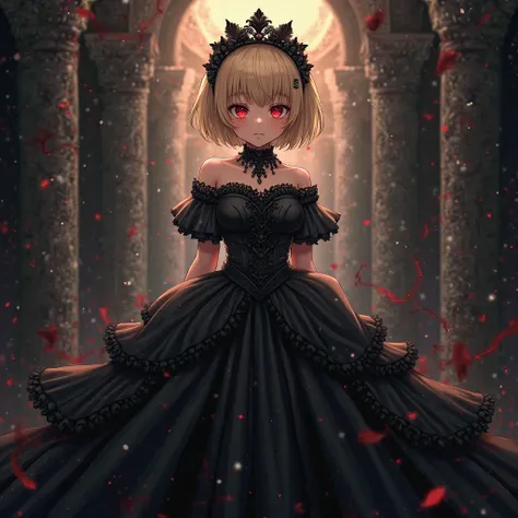 Golden short haired girl with bright red eyes, Anime, black wedding dress 