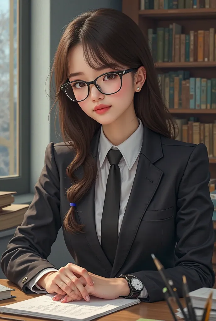 A beautiful girl sits at her desk wearing a formal suit, a tie, a watch on her hand and a close one on her face 
In front of her are books and pens 