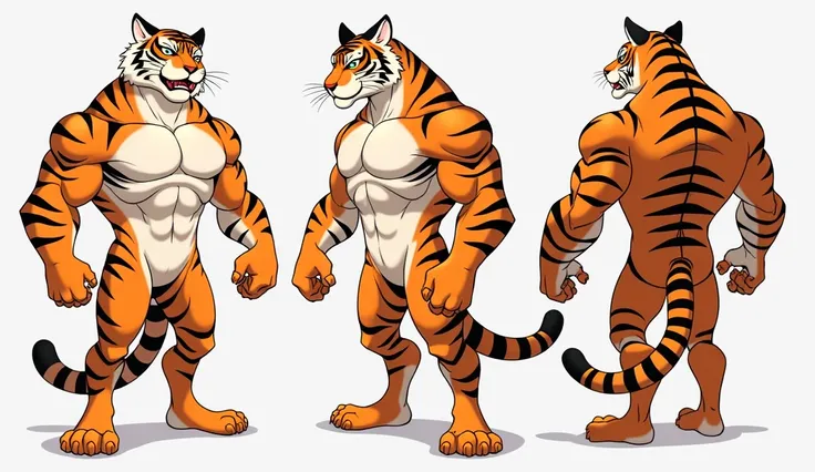 Adult male, handsome, slightly muscular, refsheet, front pose back pose side pose with different expressions,  body of a tiger-human like with the head of a tiger, in digital art cartoon anime style, flat colors only.