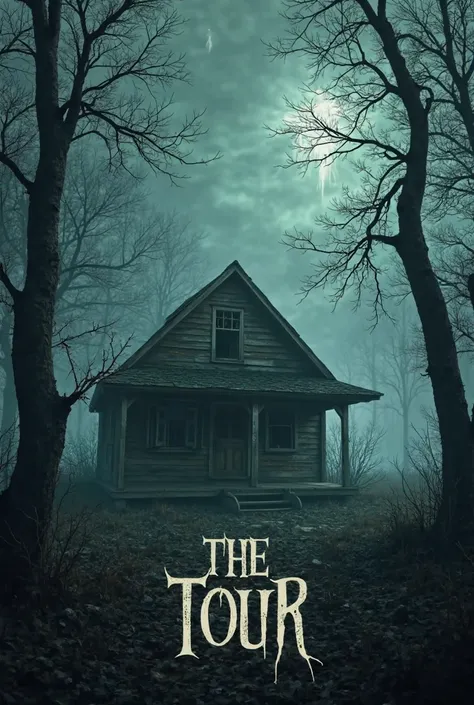 Create an image with a haunted background with a cabin
With text ( The Tour )