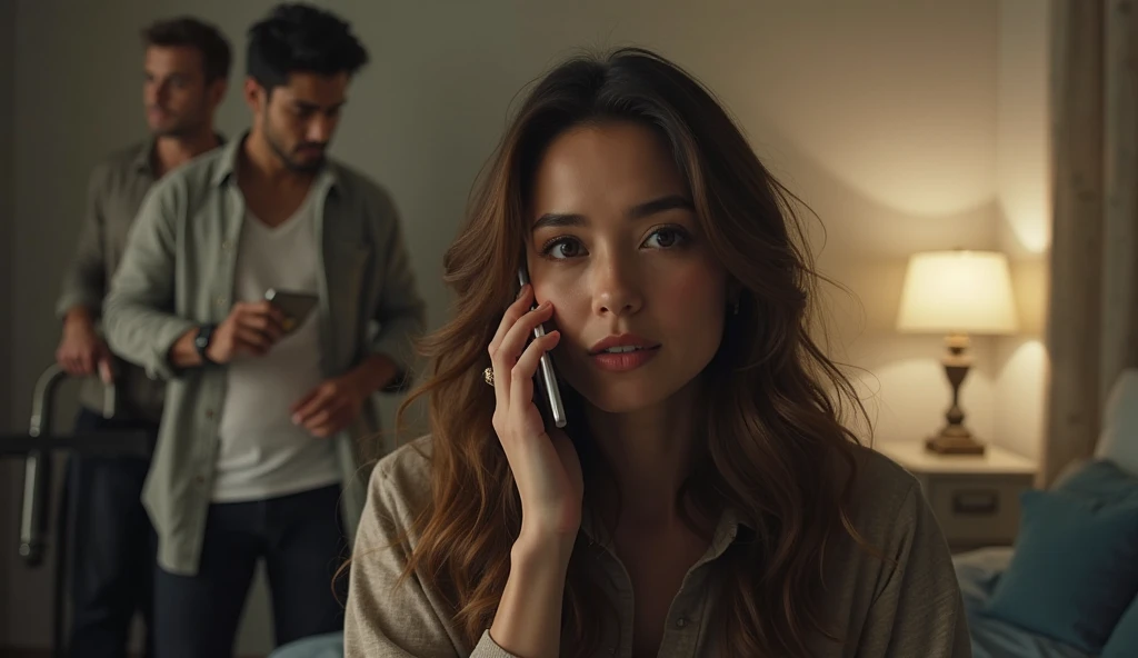 Full shot. Young woman of 28 years old. Brown hair talks on her cell phone, behind her there is a man packing his bags for a trip. Cinematic. Dramatic lighting.