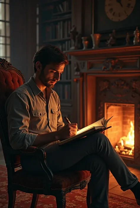 A man sitting in a chair next to a fire while writing in a diary